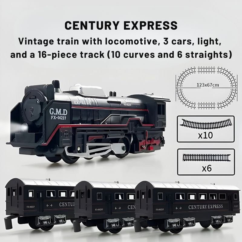 Century express – Vintage train with 16-Piece Track (123x…cm), Locomotive & 3 carriages, rechargeable batteries & charger