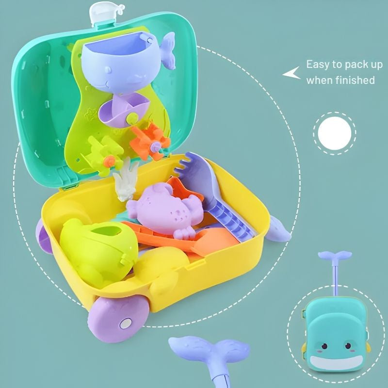 Whale beach suitcase kit – Case with sand toys, fountain & water play area