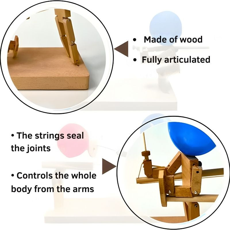 1‑on‑1 swordsmanship – Articulated wooden sword-fighter figures with 100 Balloons