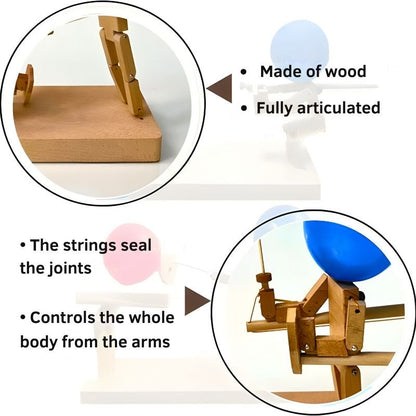 1‑on‑1 swordsmanship – Articulated wooden sword-fighter figures with 100 Balloons